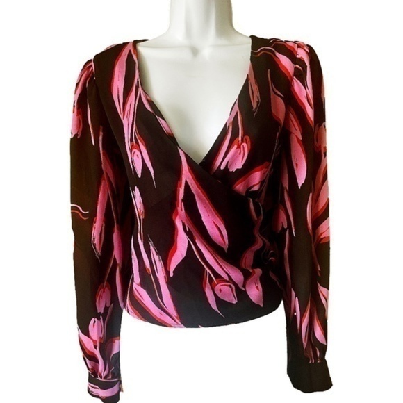 LUSH V Neck Chiffon Wrap Puff Sleeve Blouse, Pin Up Style, NWT - Picture 1 of 6